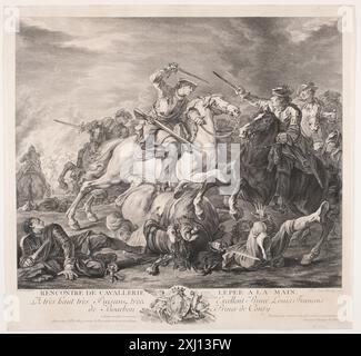 Equestrian Fighting Preisler, Johan Martin 1715 - 1794, Parrocel, Charles 1688 - 1752, le Bas, Jacques Philippe 1707 - 1783 incisione in rame, Print Neues allgemeines Künstlerlexicon: oder Nachrichten von dem Leben und Werken der Maler, Bildhauer, Baumeister, Kupferstecher, Formschneider, litografia, Zeichner, Medailleure, Elfenbeinarbeiter, ecc., G. K. Nagler, n. 42, D 6331, 1835-1852. Manuel de l'amateur d'estampes, Charles le Blanc, nr. 49, C 35580, 1854-[1890] Rytterfægtning Foto Stock