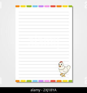 Modello di foglio per notebook, blocco note, diario. Carta rivestita. Personaggio carino. Con un'immagine a colori. stile cartoni animati. Illustrazione vettoriale. Illustrazione Vettoriale