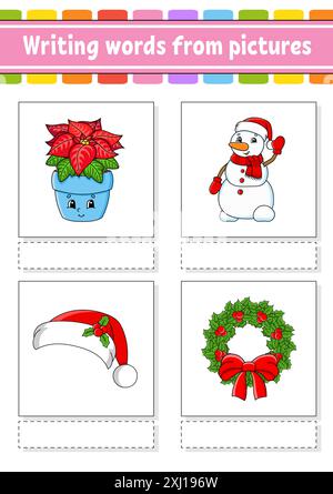 Scrivere parole da immagini. Imparare le parole in inglese. Foglio di lavoro per lo sviluppo dell'istruzione. Pagina attività a colori. personaggio dei cartoni animati. Illustrazione vettoriale. Illustrazione Vettoriale