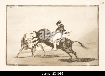 Lo stesso ceballos, seduto sul retro di un altro toro, rompe corti lance nell'arena di Madrid Goya, Francisco de 1746 - 1828 incisione, Print le Peintre-Graveur Illustré (XIXe et XXe siècles), vol. 14-15: Francisco Goya: première + seconde partie, Loys Delteil, afb. vol. II (upag.), nr. 247 IV, 8020, 1922. Goya: Incisioni e litografie, Tomás Harris, afb. vol. II, pag. 340, nr. 227 III, B 2750 mb, 1964 Den samme Ceballos, siddende på ryggen af en anden tyr, brækker korte spyd i arenaen i Madrid Foto Stock