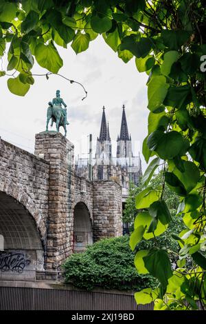 Pipevina (Aristolochia macrophylla) che cresce sulla scalinata fino al ponte Hohenzollern, statua equestre e cattedrale, Colonia, Germania. Pfeifenwinde ( Foto Stock