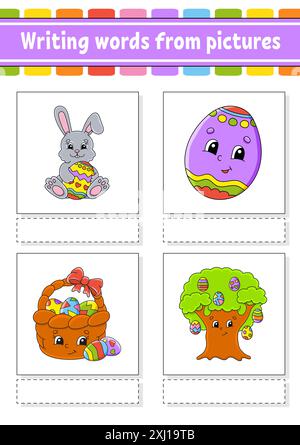 Scrivere parole da immagini. Imparare le parole in inglese. Foglio di lavoro per lo sviluppo dell'istruzione. Pagina attività a colori. personaggio dei cartoni animati. Illustrazione vettoriale. Illustrazione Vettoriale