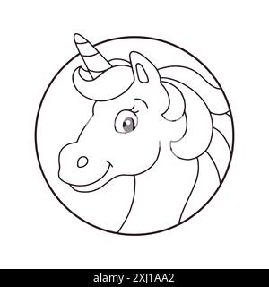 Testa di unicorno a cavallo. Pagina di libri da colorare per bambini. Personaggio in stile cartoni animati. Illustrazione vettoriale isolata su sfondo bianco. Illustrazione Vettoriale