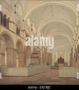 Questo dipinto di Jørgen Roed raffigura l'interno della cattedrale di Ribe, mostrando caratteristiche architettoniche, colonne, archi e la navata centrale in dettaglio. Foto Stock