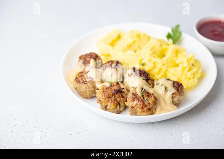 Noisettes svedesi (fricandel) con purè di patate, salsa cremosa Brune SOS e salsa al mirtillo rosso. Polpette tradizionali con contorno. Copia Foto Stock