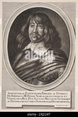 Frederik III Sandrart, Jacob von 1630 - 1708, Haelwegh, Albert 1598 - 1673, Wuchters, Abraham 1608 - 1682 incisione in rame, Print Kobberstikkeren Albert Haelwegh, Jørgen Sthyr, cfr. N. 130, 14099, 1938. Catalogo Beskrivende su Portraiter af det danske Kongehuus, A. Strunk, nr. 368, D 10460 da, 1882. Hollstein's Dutch and Flemish etchings, incisioni e xilografie 1450-1700 (vol. VIII), Goltzius - Heemskerck, F.W.H. Hollstein, 41, C 38945, 1953. Hollstein's German Engravings, Etchings and Woodcuts 1400-1700 (vol. XXXVIII), Jacob von Sandrart, John Roger PaaS, 119, k1997-014, 1994 Frederik III Foto Stock