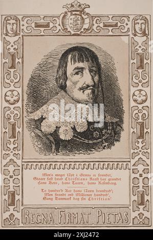 Christian IV Flinch, Andreas 1813 - 1872, Lundbye, Johan Thomas 1818 - 1848, Skovgaard, P.C. 1817 - 1875 Woodcut, Print Johan Thomas Lundbye: 1818-1848, Karl Madsen, Nr. 43, C 3623 2 ex. mb, 1895. Samlinger til en beskrivende Catalog Over Portraiter af Danske, Norske og Holstenere, A. Strunk, Nr. 284, 2303, 1865-1882 Cristiano IV Foto Stock