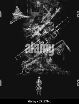 Illustrazione di guerra in Ucraina, missili, carri armati, droni contro soldati ucraini Foto Stock