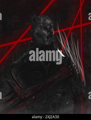 Illustrazione horror oscura, soldato fantasy, grafica fantascientifica, mostro inquietante Foto Stock