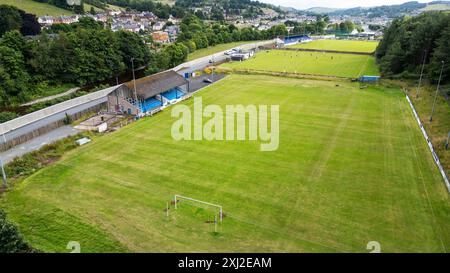 Vista aerea con drone di Albert Park, Mansfield Road, Hawick, Scotland, sede dell'Hawick Royal Albert FC che gioca nella East of Scotland League. Foto Stock