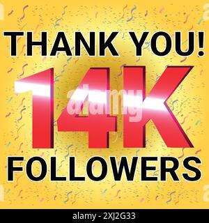 14K follower Grazie per i social network, l'illustrazione vettoriale dell'anniversario con tema colorato molto attraente e confetti Illustrazione Vettoriale