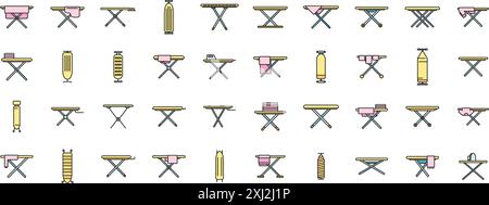 Le icone dell'asse da stiro indicano il vettore del contorno. Tessuto domestico. Indumenti in tessuto di colore sottile piatto su bianco Illustrazione Vettoriale