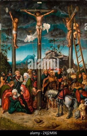 Un dipinto di Lucas Cranach il Vecchio (1472-1553) raffigurante la Crocifissione di Cristo. L'opera mostra la narrazione religiosa, i dettagli compositivi e lo stile rinascimentale del Nord. Foto Stock