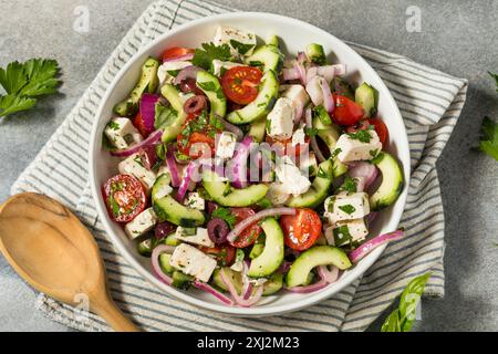 Insalata contadina greca fatta in casa con feta di cetriolo e olive Foto Stock