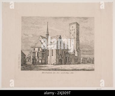 Incisione di Jørgen Roed raffigurante la cattedrale di Ribe dal lato nord-est, mostrando le sue caratteristiche architettoniche gotiche, la guglia e il paesaggio circostante. Foto Stock