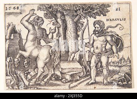 Hercules and Nessus Jenichen, Balthasar 1560 - 1599, Beham, Hans Sebald 1500 - 1550 incisione, Stampa Hollstein's German Engravings, etchings and woodcuts 1400-1700 (vol. XVb), Balthasar Jenichen to David Kandel, Robert Zijlma, 243, 52623, 1986 Herkules og Nessus Foto Stock