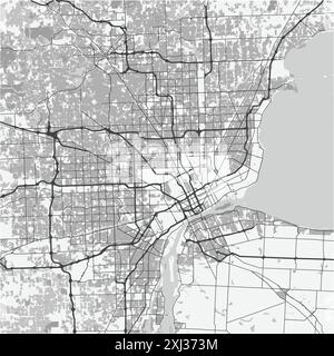 Mappa di Detroit nel Michigan in scala di grigi. Contiene vettore stratificato con strade, acqua, parchi, ecc. Illustrazione Vettoriale