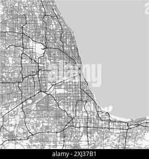 Mappa di Chicago in Illinois in scala di grigi. Contiene vettore stratificato con strade, acqua, parchi, ecc. Illustrazione Vettoriale
