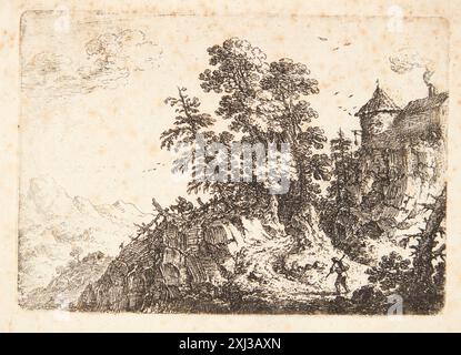 Incisione di Herman Saftleven che mostra i viaggiatori su una tortuosa strada di grotte in un paesaggio roccioso, parte di incisioni olandesi e fiamminghe dal 1609 al 1685. Foto Stock