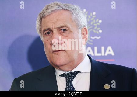 16 luglio 2024, Villa San Giovanni, Reggio Calabria, Italia: Il ministro Antonio Tajani visto mentre parlava. Il Vicepresidente del Consiglio italiano e il Ministro degli affari esteri e della cooperazione internazionale Antonio Tajani tengono una conferenza stampa alla riunione del G7 del Ministro del commercio a Villa San Giovanni, presso l'Hotel Altafiumara. (Credit Image: © Valeria Ferraro/ZUMA Press Wire) SOLO PER USO EDITORIALE! Non per USO commerciale! Foto Stock