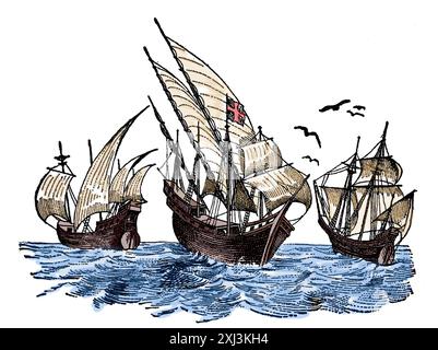 Nuovo mondo. La Pinta, la Niña e Santa Maria. Navi utilizzate da Colombo nel suo primo viaggio transatlantico nel 1492. Incisione, XIX secolo. Foto Stock