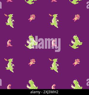 Simpatici draghi per bambini con un personaggio fiabesco e divertente. Sfondo infantile senza cuciture con animali fantasiosi e casa o castello. Asilo nido, ragazzi de Illustrazione Vettoriale