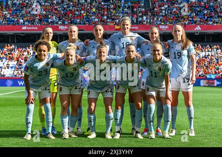 La Coruna, Spagna. 16 luglio 2024. La squadra belga prima di una partita di calcio tra le nazionali femminili di Spagna e Belgio, ha chiamato le fiamme rosse nella sesta giornata del girone A2 nella fase di campionato della UEFA Women's European Qualifiers 2023-24, martedì 16 luglio 2024 a la Coruna, in Spagna. Crediti: Sportpix/Alamy Live News Foto Stock