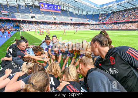 La Coruna, Spagna. 16 luglio 2024. La squadra belga prima di una partita di calcio tra le nazionali femminili di Spagna e Belgio, ha chiamato le fiamme rosse nella sesta giornata del girone A2 nella fase di campionato della UEFA Women's European Qualifiers 2023-24, martedì 16 luglio 2024 a la Coruna, in Spagna. Crediti: Sportpix/Alamy Live News Foto Stock