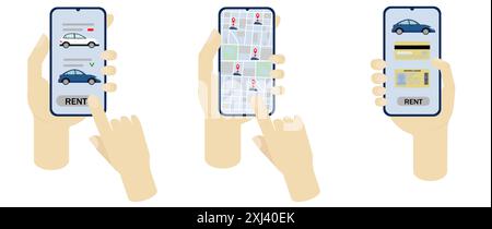 Car sharing, noleggio auto. Telefono in mano. Seleziona un'auto sulla mappa della città, banca, carta di credito, patente di guida. Illustrazione vettoriale su sfondo bianco i. Illustrazione Vettoriale