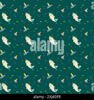 Simpatico motivo unicorno senza cuciture per il tessuto. Sfondo dei personaggi magici infantili. Fata e fantasia magica per i bambini. Illustrazione Vettoriale