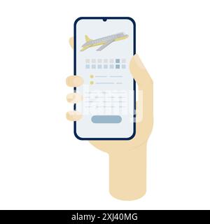 Aereo sullo schermo del telefono in mano su sfondo bianco. Concetto di prenotazione di biglietti, viaggi aerei, business, applicazione mobile, viaggi. Illustrazione vettoriale Illustrazione Vettoriale