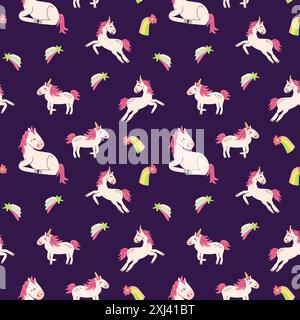 Simpatico motivo unicorno senza cuciture per il tessuto. Sfondo dei personaggi magici infantili. Fata e fantasia magica per i bambini. Illustrazione Vettoriale