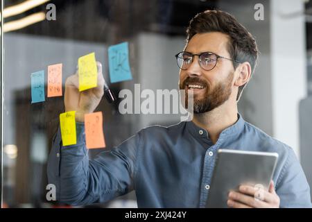 Uomo d'affari che ha brainstorming e pianificato idee su una lavagna di vetro utilizzando appunti mentre tiene in mano un tablet. Impegnati in processi creativi e lavoro di squadra in un ambiente di ufficio moderno Foto Stock