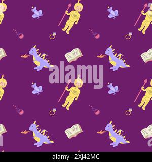 Simpatici draghi per bambini con un personaggio fiabesco e divertente. Sfondo infantile senza cuciture con animali fantasiosi e casa o castello. Asilo nido, ragazzi de Illustrazione Vettoriale