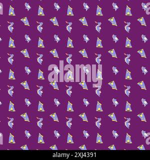 Simpatici draghi per bambini con un personaggio fiabesco e divertente. Sfondo infantile senza cuciture con animali fantasiosi e casa o castello. Asilo nido, ragazzi de Illustrazione Vettoriale