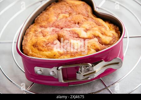 Una torta alla fragola in una teglia a forma di cuore che si raffredda su una griglia di raffreddamento. Foto Stock