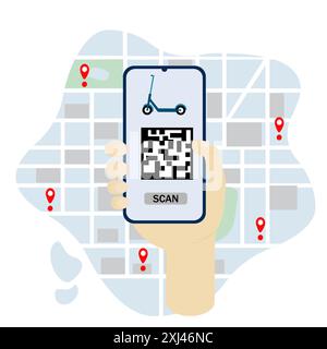 Noleggia uno scooter dal tuo smartphone, scansiona il codice e il telefono in mano sulla mappa della città. Codice, scooter sullo schermo di un telefono cellulare in mano. Illustrazione Vettoriale