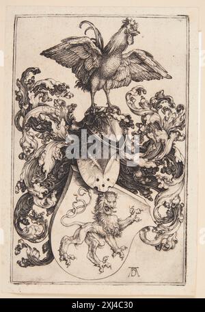 Stemma con leone e gallo Dürer, Albrecht 1471 - 1528 incisione in rame, Print Dürer-Katalog: ein Handbuch über Albrecht Dürers Stiche, Radierungen, Holzschnitte, deren Zustände, Ausgaben und Wasserzeichen, Joseph Meder, nr. 97 c, 11088, 1932. Albrecht Dürer: 1-2, Erwin Panofsky, vol. II, n. 207, 16666, 1945. The Illustrated Bartsch 10, Sixteenth Century German Artists, Albrecht Dürer: Albrecht Dürer, Walter L. Strauss, (l'Ill. Batsch, vol. X) nr. 100, C 36179, 1980. Kritisches Verzeichnis der Werke Albrecht Dürers, H. Tietze, nr. 212, C 3295, 1928-1938. Albrecht Dürer: das druckgra Foto Stock