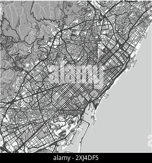 Mappa di Barcellona in Spagna in scala di grigi. Contiene vettore stratificato con strade, acqua, parchi, ecc. Illustrazione Vettoriale