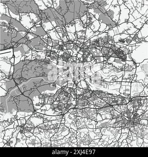 Mappa di Cracovia in Polonia in scala di grigi. Contiene vettore stratificato con strade, acqua, parchi, ecc. Illustrazione Vettoriale