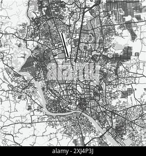 Mappa di Dacca in Bangladesh in scala di grigi. Contiene vettore stratificato con strade, acqua, parchi, ecc. Illustrazione Vettoriale