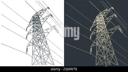 Illustrazioni vettoriali stilizzate di disegni tecnici di poli elettrici ad alta tensione con fili Illustrazione Vettoriale