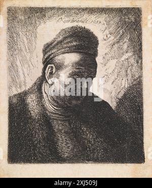 Busto di un uomo senza cuore (il padre di Rembrandt?) In un mantello di pelliccia e cappuccio: Looking Down: Three-quartes left Danckerts i, Cornelis 1603 - 1656, Rembrandt van Rijn 1606 - 1669 incisione, Stampa il New Hollstein olandese e fiammingo incisioni, incisioni e incisioni in legno 1450-1700, Rembrandt (7 voll: Testo, piatti, copie), Erik Hinterding, 102 kopi a, C 55013:1-7, 2013. Incisioni di Rembrandt: Un saggio e un catalogo con alcune note sui disegni, Arthur M. Hind, 84 kopien ikke omtalt, 6545, 1912. Incisioni, incisioni e xilografie olandesi e fiamminghe di Hollstein 1450-1700 (vol. XVIII - XIX), Rembrandt van Rijn Foto Stock