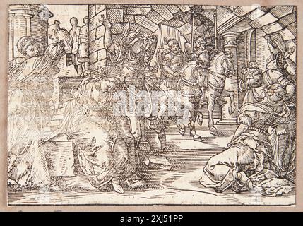 La xilografia di Tobias Stimmer raffigura madri romane svenite al ritorno dei loro figli dalla guerra, mostrando figure in scene emotive, abiti storici e interazioni familiari. Foto Stock