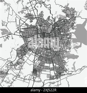 Mappa di Santiago in Cile in scala di grigi. Contiene vettore stratificato con strade, acqua, parchi, ecc. Illustrazione Vettoriale