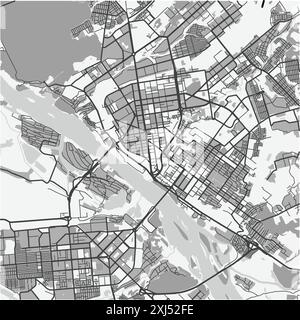 Mappa di Novosibirsk in Russia in scala di grigi. Contiene vettore stratificato con strade, acqua, parchi, ecc. Illustrazione Vettoriale