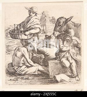 Un uomo che vende vino di ginepro e tre mendicanti Ossenbeeck, Jan van 1624 - 1674 Etching, Print Hollstein's Dutch and Flemish etchings, incisioni e incisioni in legno 1450-1700 (vol. XIV), Meer - Ossenbeeck, F.W.H. Hollstein, 5 II, C 38945, 1956. The Illustrated Bartsch 7, Netherlandish Artists, J. Both, Bega, Berchem, Ossenbeck, Hondius M.fl., otto Neumann, 5, C 36173, 1978 EN mand, der sælger enebærvin, og tre tiggere Foto Stock