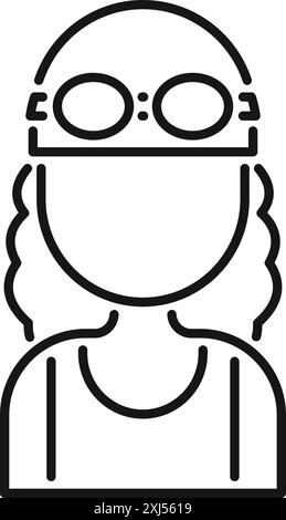 Icona della linea di una nuotatrice professionista che indossa un costume da bagno, un berretto e occhiali di protezione Illustrazione Vettoriale