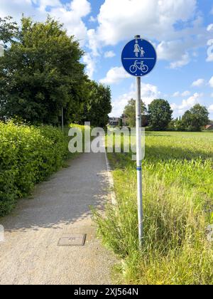 Segnaletica stradale percorso speciale per pedoni i ciclisti utilizzano il percorso insieme ciclisti e motociclisti devono mostrare attenzione ai pedoni, percorso condiviso Foto Stock