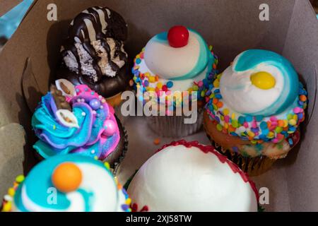 STATI UNITI. 27 aprile 2024. Primo piano di cupcake colorati in una scatola al Cenerentola Cenerentola Cakes Bakery di Costa Mesa, California, 27 aprile 2024. (Foto di Smith Collection/Gado/Sipa USA) credito: SIPA USA/Alamy Live News Foto Stock